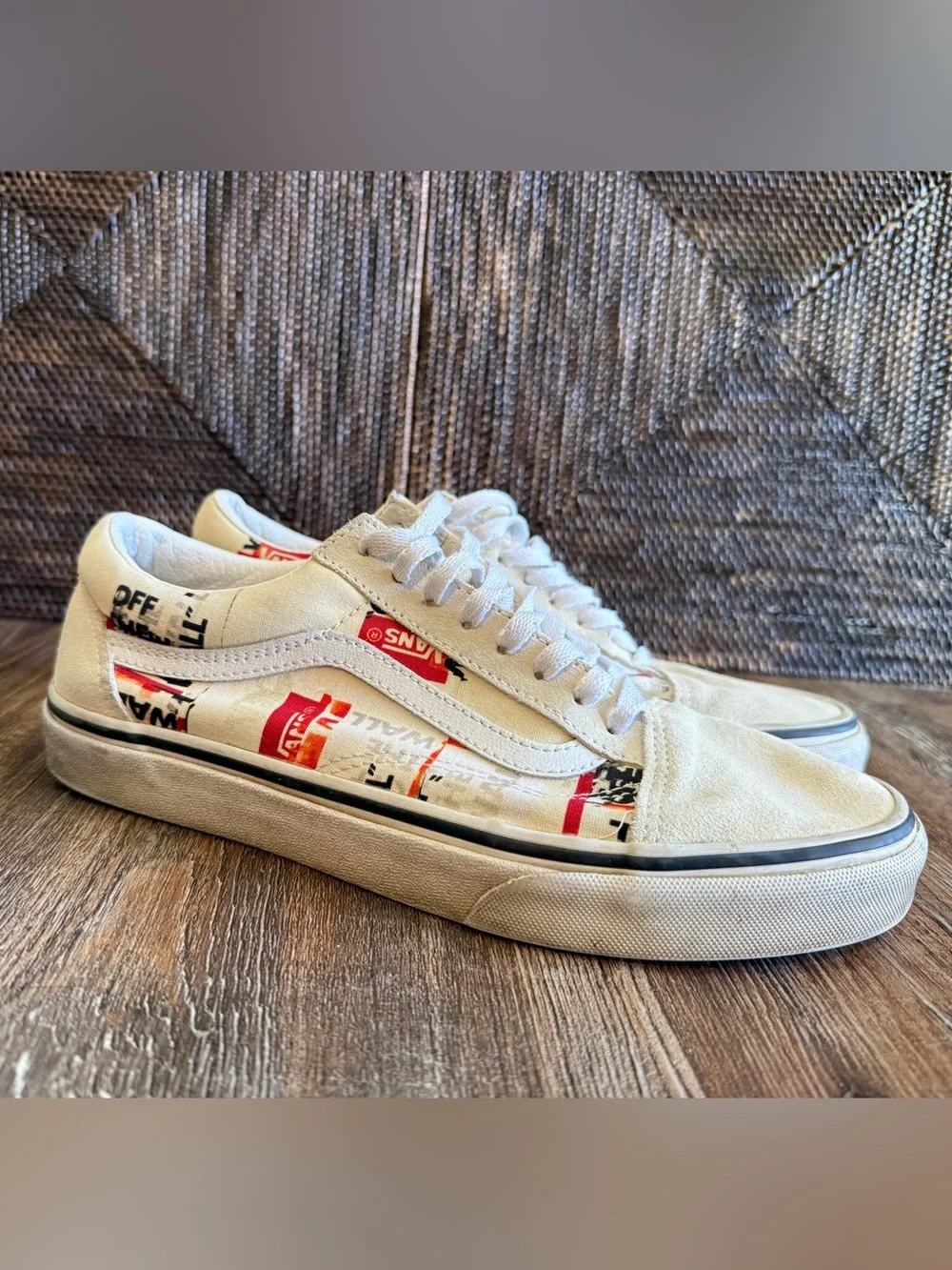 Vans White Canvas Low-Top Sneakers with Red & Black Graphic Accents